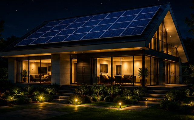 Casa moderna con paneles solares en el techo e iluminación cálida por la noche